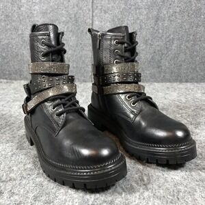 Steve Madden‎ Womens Black Leather Combat Boots Rhinestone Harness Lug Sole Zip